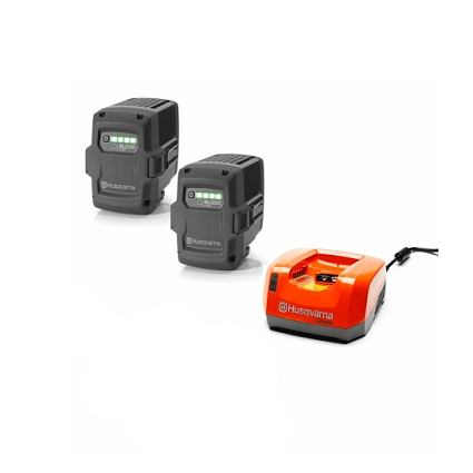 Hoofdafbeelding van Accuset lader en twee accu's Husqvarna 36 volt
